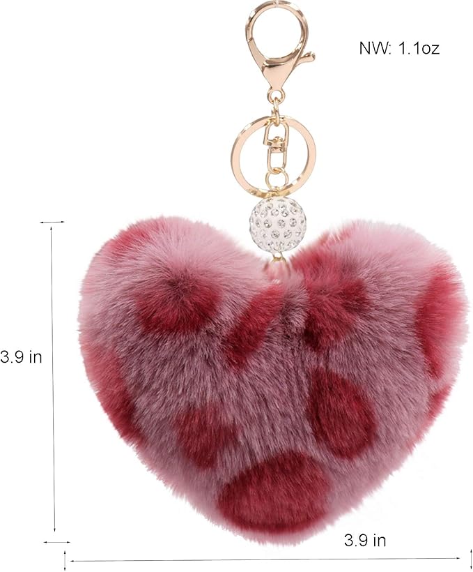 Women's Heart Faux Fur Pom Pom Key Chains Bag Accessory Puffball Keyring Backpack Charms for Girls