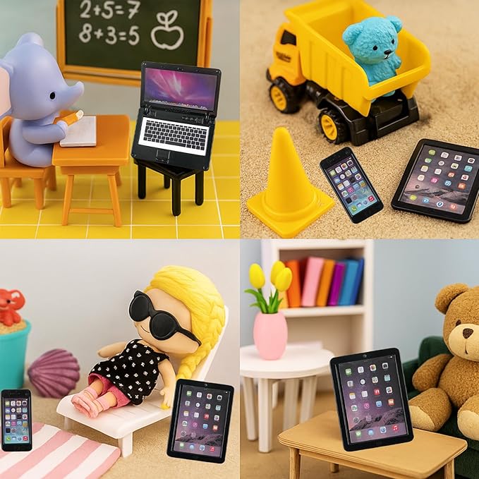 3-Piece Dollhouse Miniature Black Office Set with Metal Laptop Tablet and Smartphone for 1/6 1/12 Scale Tiny Doll House Furniture Toy Accessories Mini Party Decor DIY Project