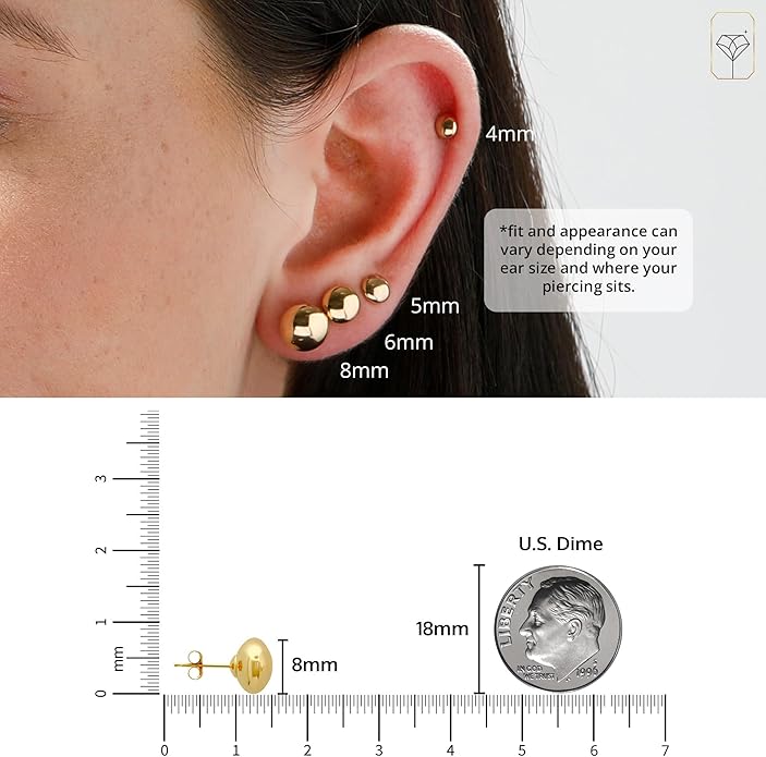 14K Gold Stud Earrings for Women | Yellow Solid Gold Flat & Full Ball Earrings with Gold Butterfly Backs | 4MM-8MM Hypoallergenic Real 14K Button Ball Studs for Women & Men by MAX + STONE