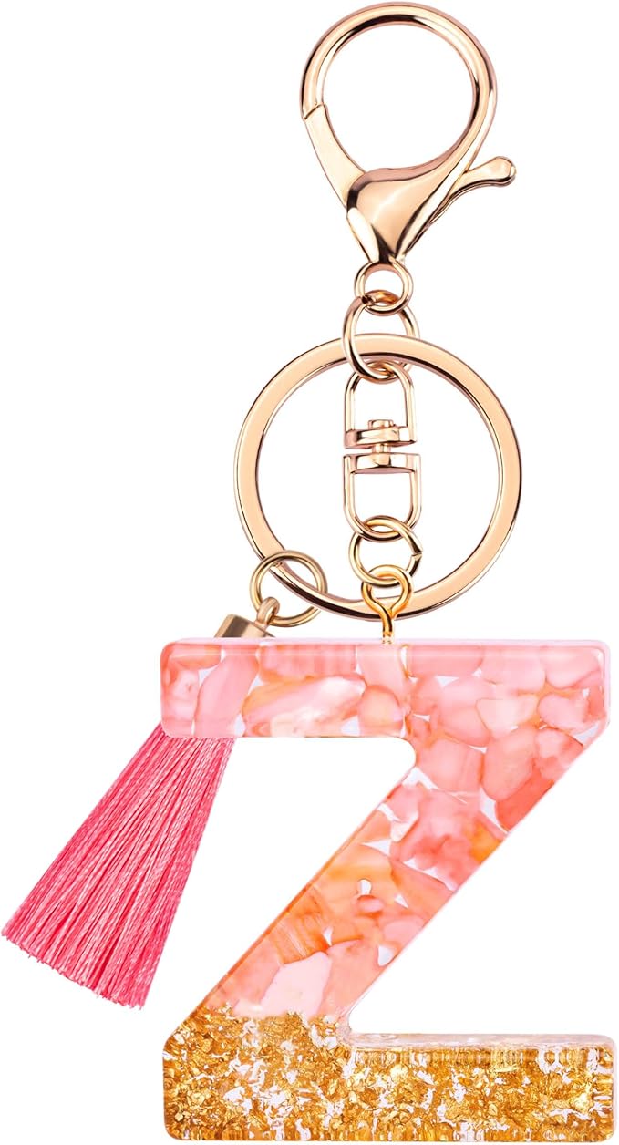 Suweibuke Cute Pink Key Chains for Women Girls, Initial Letter Keychains with Tassel, Charms for Key Purse Handbags Backpacks