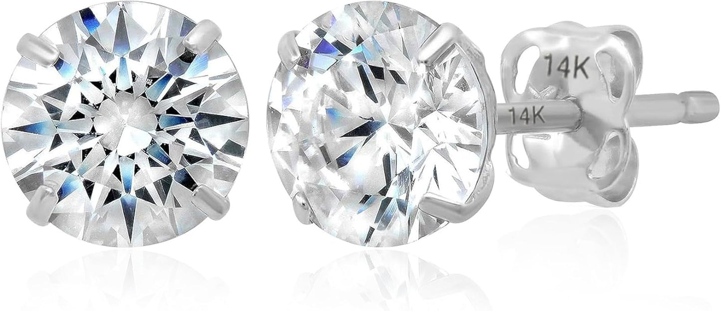 14k Gold Solitaire Round Cubic Zirconia Earrings Studs for Women & Men | Anti Tarnishing CZ Stud Earrings with 14k Gold Butterfly Pushbacks | 4MM-7.5MM by MAX + STONE