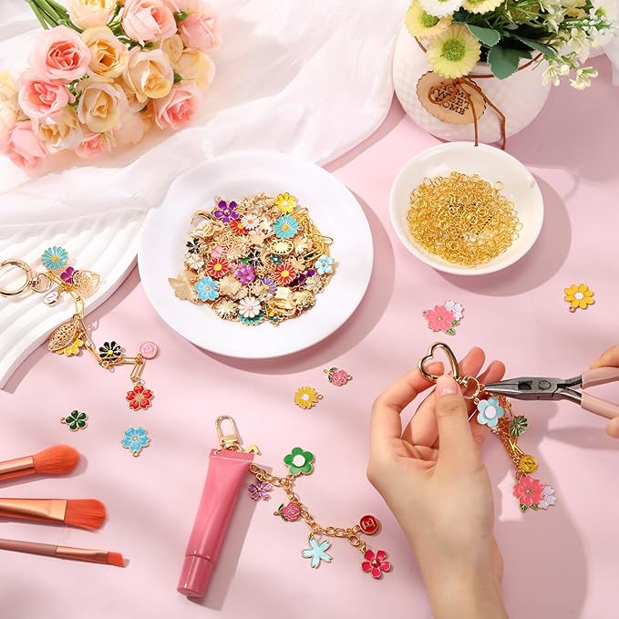 VioraWhite Lip Gloss Charm Kit Lip Gloss Keychain Making Kit Including Assorted Charms Keychain Clips Extender Chain(794 Pcs,Flower Style)
