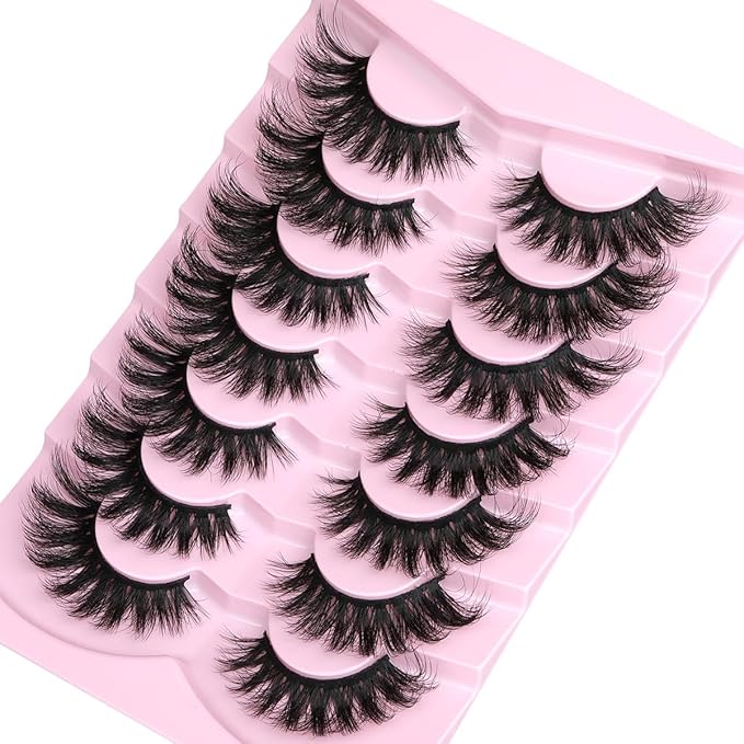 Kiromiro Mink Lashes Fluffy False Eyelashes 18mm Long Fake Lashes Thick Cat Eye Eyelashes 3D Volume Lash Strips Faux Mink Eyelashes Pack, 7 Pairs