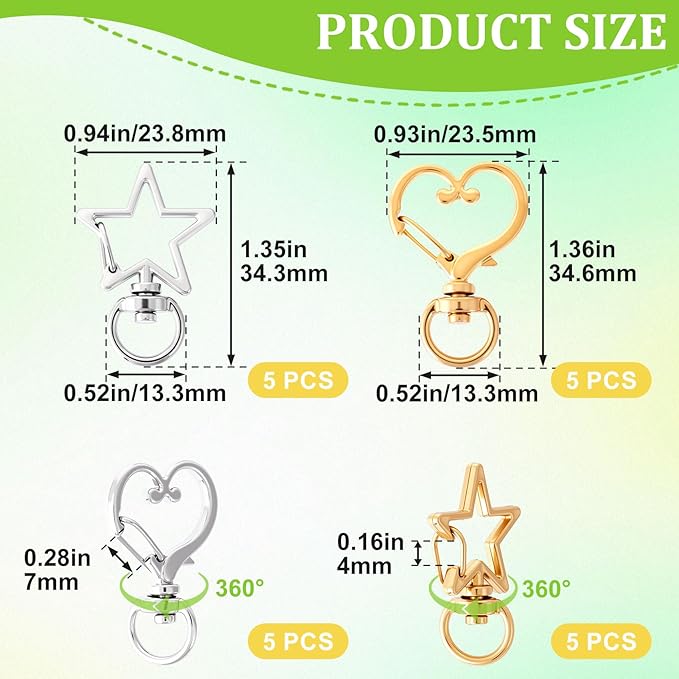 OIIKI 20pcs Star Heart Swivel Keychain Clasp, Zinc Alloy Spring Snap Hook Jewelry Clasps, Heavy Duty Lobster Keyring Clip Bag Accessories for Keychains DIY Crafts- Gold & Silver