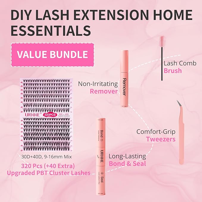 URNNE DIY Lash Extension Kit, 9-16mm Mix 30D 40D Eyelash Extensions Kit, 320pcs Individual Eyelash Clusters, Lash Clusters Kit with Bond and Seal, Remover, Tweezers