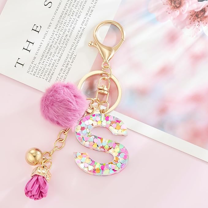 Resin Alphabet Initial Letter Keychain Keyring for Women Purse Handbags With Fur Ball Pom
