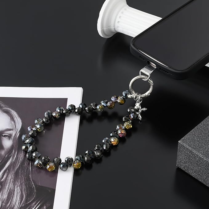 Crystal Phone Wrist Strap Phone Charm Chain Keychain Beaded Cellphone Lanyard with Tether Tab Hands-Free Wristlet Bracelet Wrist Grip Strap for Women, D-Black