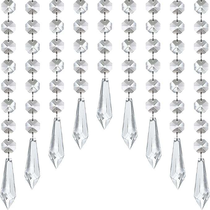 Jishi 33ft Crystal Garland Strands, String of Beads w/Crystal Icicle Prism Pendant, Hanging Crystals for Decoration for Centerpieces Chandeliers Christmas Ornaments, Clear Acrylic Diamond Beaded Chain