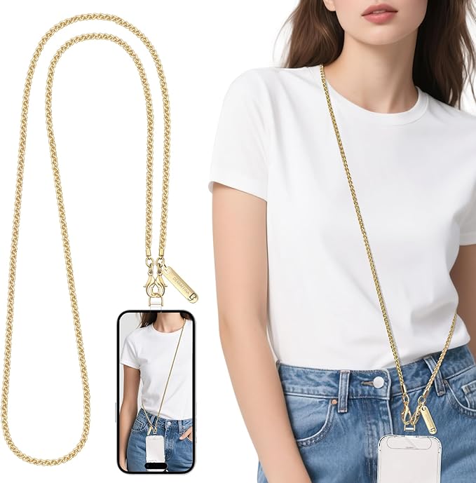 Metal Phone Chain, Crossbody Detachable Phone Lanyard with 2* Tether Tabs for iPhone and Smartphones (Gold,Long)
