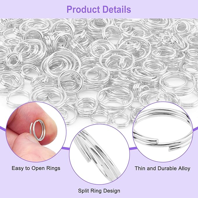 1000pcs Double Jump Ring for Jewelry Making, 6 Sizes Mini Split Ring Double Loops Split Jump Rings Metal Rings Connectors for Necklace Bracelet Car Keys DIY Craft Making(Silver)
