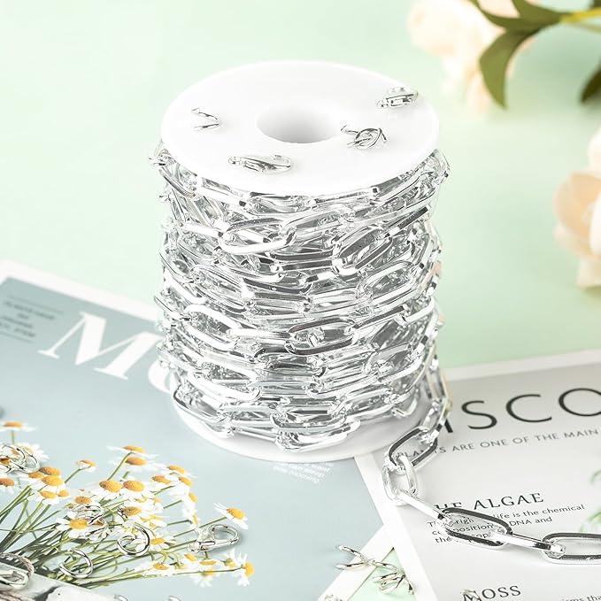16.4 Feet Paperclip Chains for Jewelry Making Light Silver Plated Aluminum Chain Roll Hip-pop Rapper Necklace Choker Chain DIY Jewelry Supplies