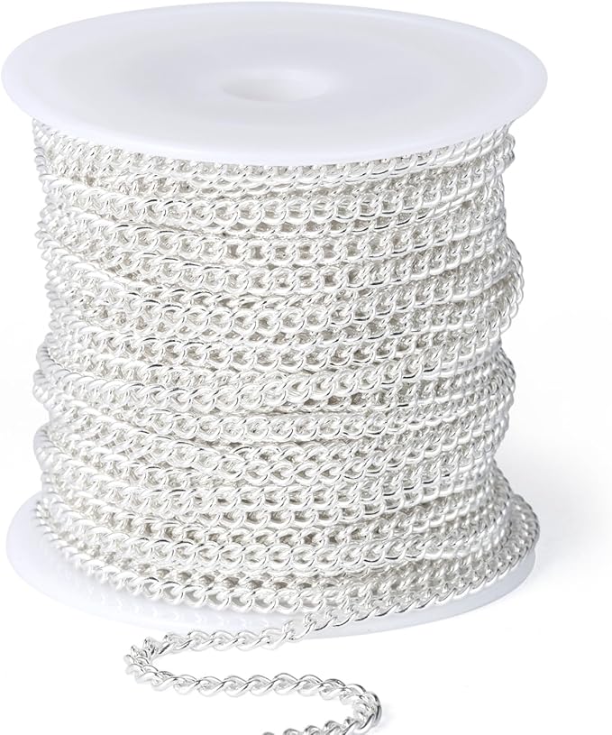 33 Feet Silver Curb Chains Bulk, 3mm Silver Plated 304 Stainless Steel Twisted Link Chains Roll Spool for Jewelry Making DIY Craft