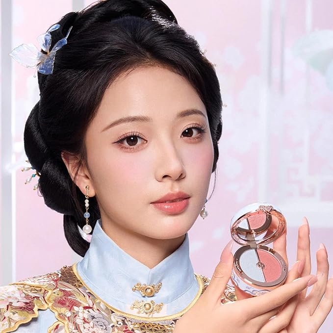 Flower Knows Butterfly Cloud Collar Rouge Box Highlighting & Blush Duo Powder,Blue+Pink Two Tone Matte Blush for Cheeks Bulidable & Blendable Palette for Women & Girls,0.21 Oz(02 Seaborne Moon)