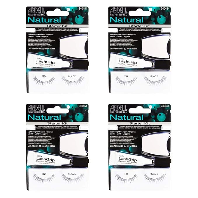 Ardell False Eyelashes Starter Kit, Natural 110 - Black, Easy-to-Use Lash Set with Lash Adhesive and Applicator, Reusable Lashes, 4 Pack