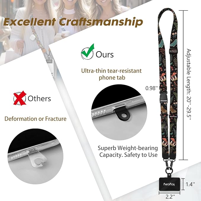 Phone Lanyard Crossbody, Butterfly Cell Phone Strap for Around The Neck Adjustable, Mushroom Flower Teacher Anti Theft Cute Lanyard for iPhone Case ID Holder Keys Accessories Travel Essential
