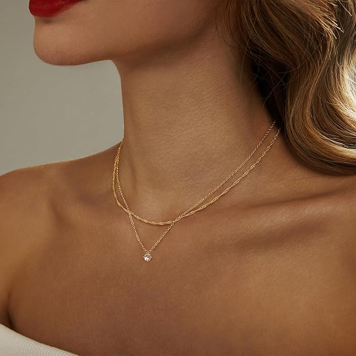 Luxval Diamond Pendant Gold Necklace for Women，Dainty 18k Gold Plated Choker Necklaces Simple Gold Jewelry Gifts for Women Girls