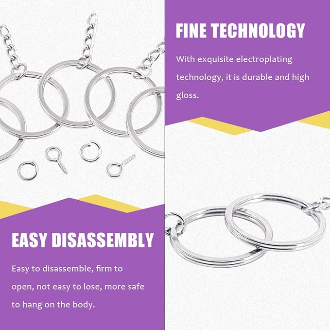 Swpeet 300Pcs 7/5 Inch 35mm Sliver Flat Key Chain Rings Kit, Including 100Pcs Split Keychain Rings with Chain and 100Pcs Jump Ring with 100Pcs Screw Eye Pins Bulk for Jewelry Findings Making
