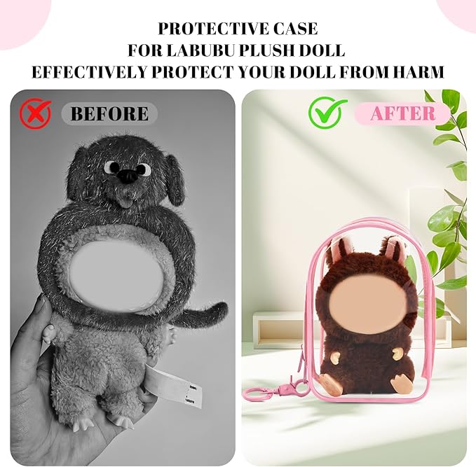 Protective Case for Plush Doll, Clear Hanging Display Cases, Crossbody Doll Storage Bag, PVC Storage Case Cover for Figures, Dolls (Pink)