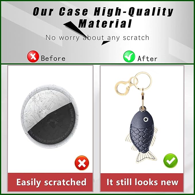 Leather Keychain Holder Case Compatible with AirTag,Cute Protective Cover with Keyring,Anti-Scratch Finder GPS Tracker Case for Wallet Keys,Bag,Pets(Fish Black)