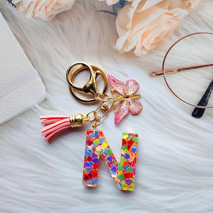 Cute Initial Letter Keychains for Women Girls Tassel Butterfly Pink Purple Green Keychain for Backpack School Bag