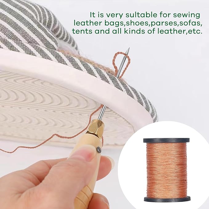 3-Spool Nylon Thread Kit - Each 80 Yards, Includes Sewing Awls & Needles for Hand Sewing, Upholstery & Leather Repair, Brown