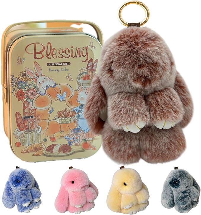 Bunny Keychain with Tin,Bunny Handmade Soft Pompom Charms,Fluffy Keychain Accessories for Womens