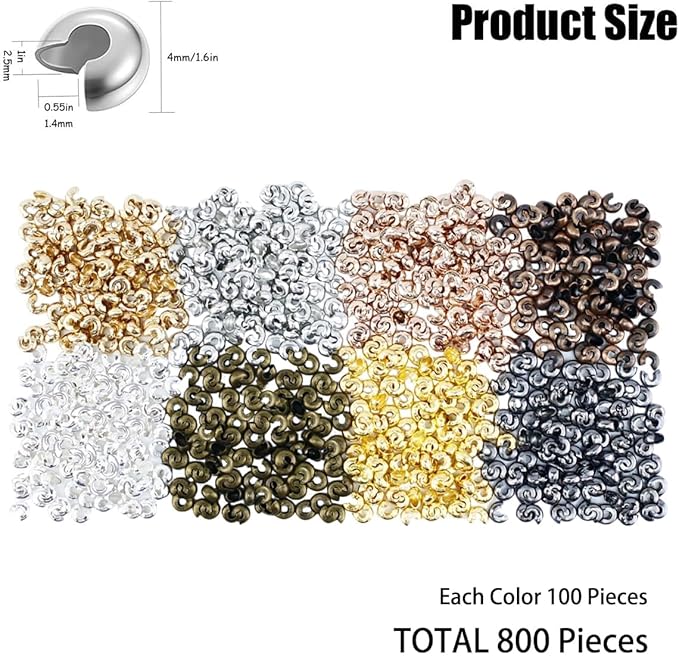 800 Pieces Crimp Bead Covers for Jewelry Making, 4mm Open Half Round Crimp Bead Knot Cover Small Beads for Jewelry Craft DIY（8 Colors）