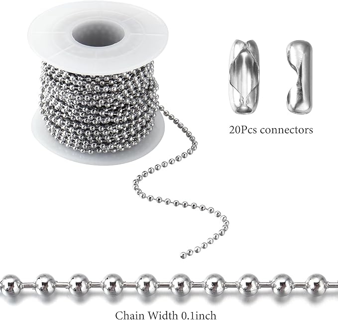 33Feet Ball Bead Chain Stainless Steel Dog Tag Chain with Matching Connectors for Jewelry Making Necklace Hanging Bracelets Keychain(2.4mm)