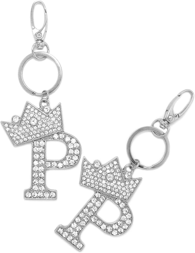 CBC Crown Crystal Rhinestone Letter Initial Keychain, Gold Metal, Bag Charm with Key Ring Approx. 2.17" x 2.56"
