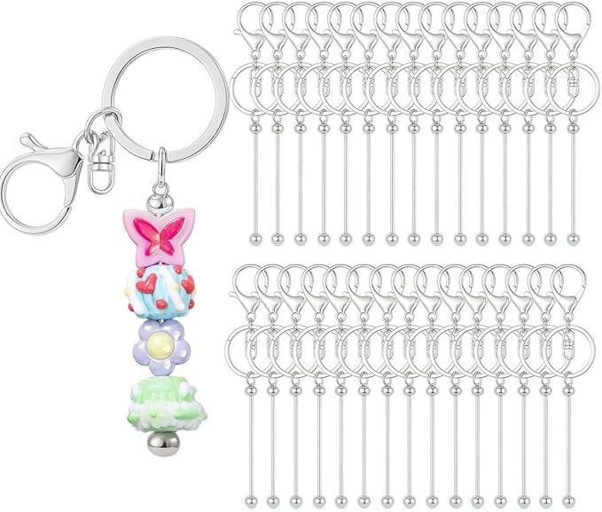 30pcs Beadable Keychains keychain bulk kit cute blank bead keychain strip DIY men's and women's making supplies crafts, jewelry, bag accessories, customized project gifts (Silver)
