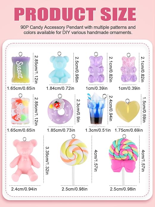 Kalolary 90PCS Candy Pendant Charms Colorful Polymer Clay Sweet Lollipop Charms Bear Charm Cute Ice Cream Pendant Ornaments for Women Girls Necklace Bracelet DIY Jewelry Craft