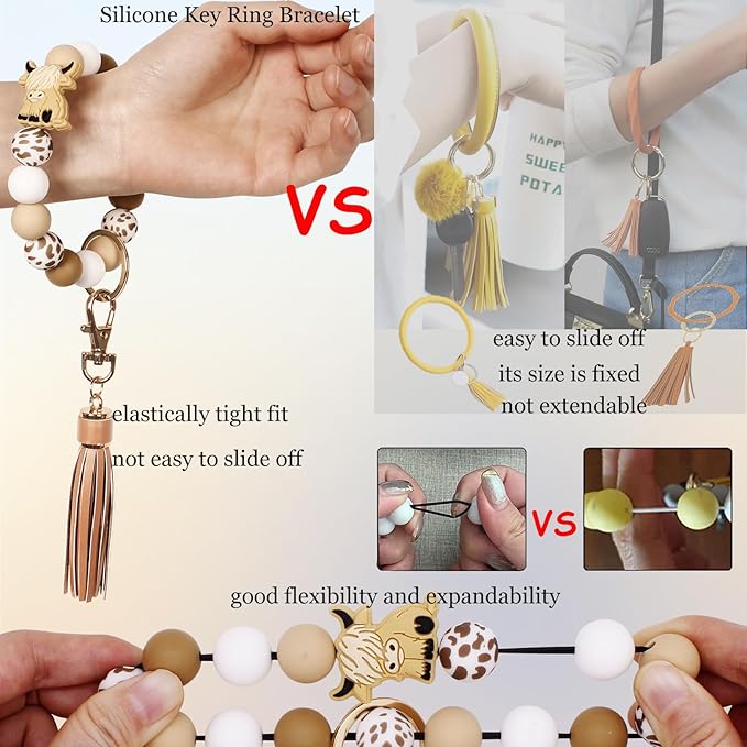 BIHRTC Key Ring Bracelet Car Keychain Holder Wristlet Silicone Women Beaded Bangle Chains