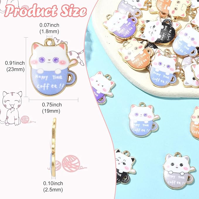 Stiesy 30 Pcs 6 Color Cat Charms for Jewelry Making Cute Kitten Animal with Coffee Cup Enamel Charm Pendants for Crafting DIY Necklace Bracelet Earring Presents