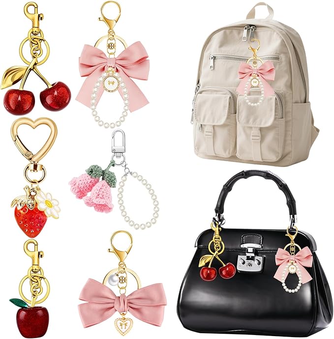 Bag Charms for Handbag Cherry Strawberry Bow Keychain Cute Purse Charms Accessories for Women Tote Bag Fruit Charm
