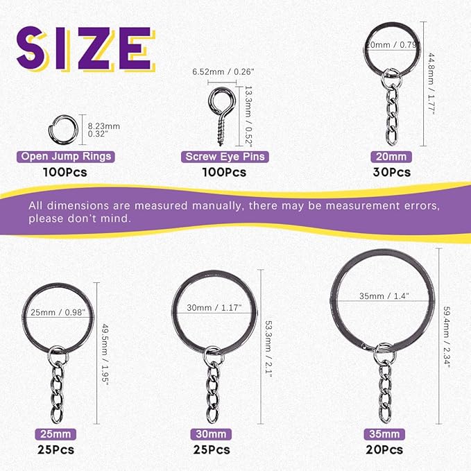 Swpeet 300Pcs Black Flat Key Chain Rings Kit, 100Pcs Keychain Rings with Chain and 100Pcs Jump Ring with 100Pcs Screw Eye Pins Bulk for Jewelry Findings Making - 4/5 Inch, 1 Inch, 6/5 Inch, 7/5 Inch