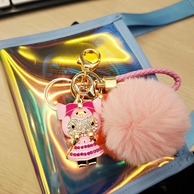 Cute Keychain for Women with Braided Rope, PomPom and Sparkling Rhinestones - Kawaii Charm for Kinds of Bags