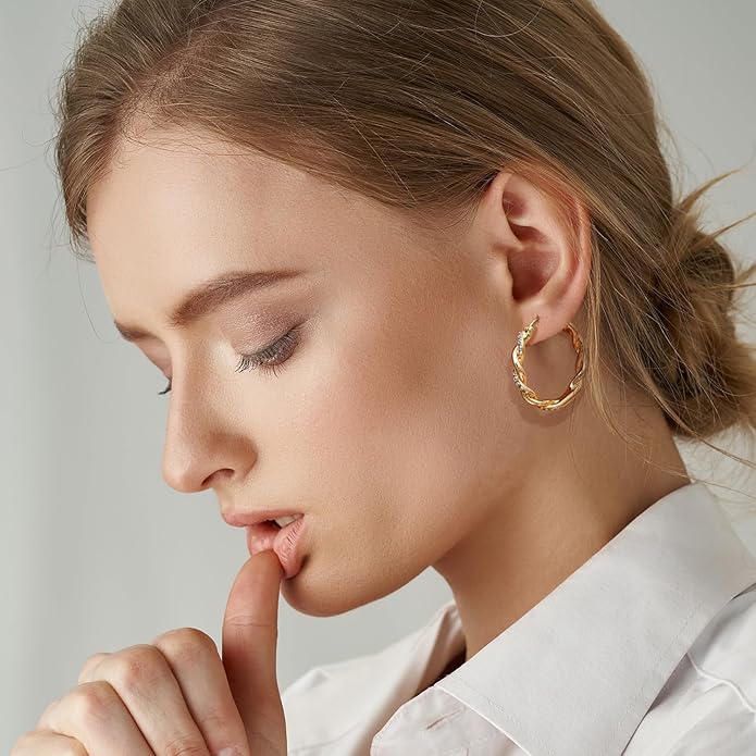 ENROSE Gold Plated Hoop Earrings 14K Gold Plated Earring for Women Twisted Large Hoop Earrings Minimalist Diamond Earring Jewelry 29mm*4mm
