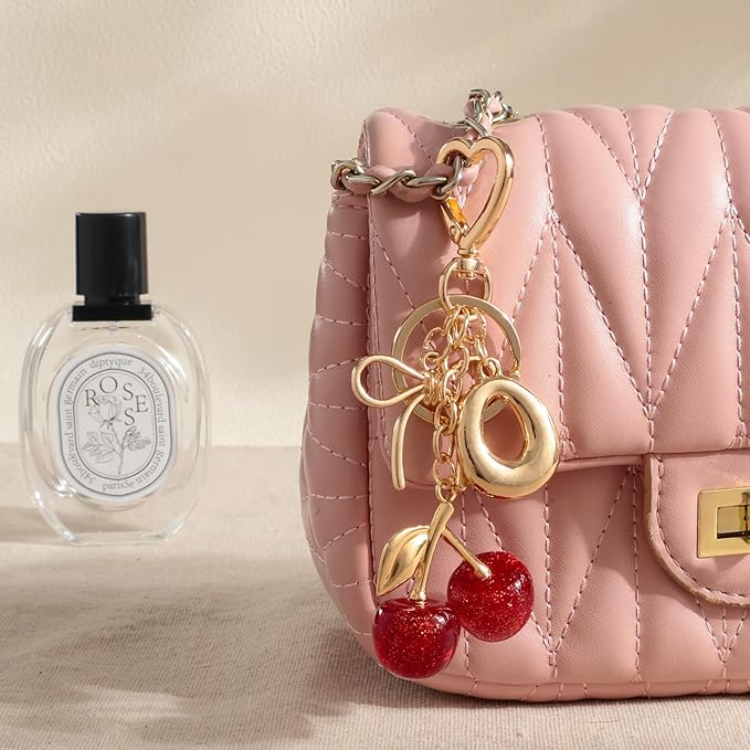 Snycler Bubble Initial Keychain with Cherry & Bow - Gold Letter Bag Charms for Women, Cute Purse Handbag Accessories