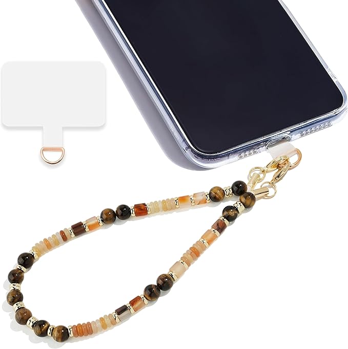 Marble Beaded Phone Wrist Strap,Detachable Phone Bracelet Strap with Tether Tab,Hands-Free Wristlet Strap (Light Yellow Tiger Eyes)