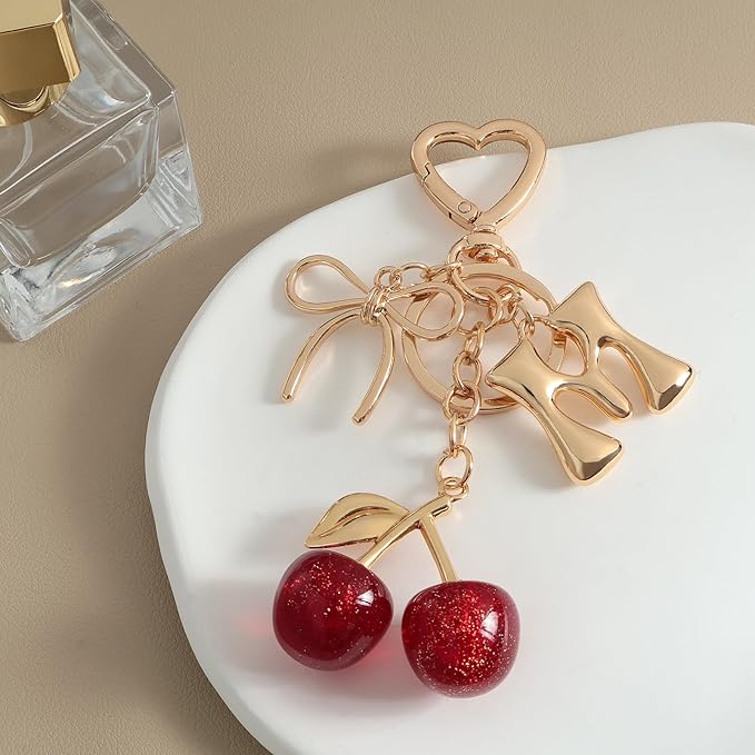 Snycler Bubble Initial Keychain with Cherry & Bow - Gold Letter Bag Charms for Women, Cute Purse Handbag Accessories
