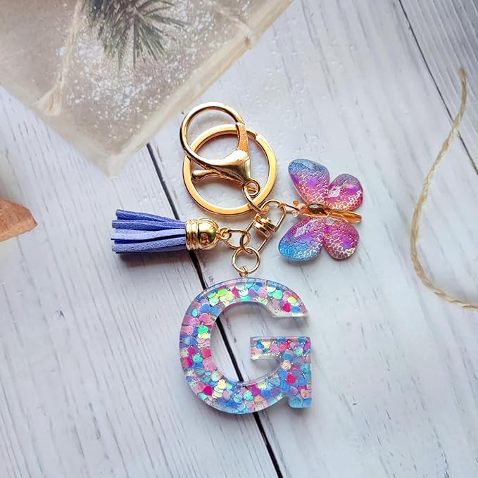 Cute Initial Letter Keychains for Women Girls Tassel Butterfly Pink Purple Green Keychain for Backpack School Bag