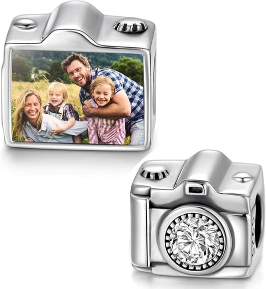 LONAGO 925 Sterling Silver Personalized Photo Charm Fit Compatible for Bracelet Necklace Customized Heart Round Shape Picture Bead