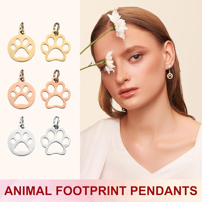 PATIKIL Dog Paw Print Charms 3mm, 20 Pcs Round Cat Dog Paw Pendant Cute Hollow Pet Animal Footprint Pendants Keychain Charm for DIY Jewelry Making Necklace Bracelet, Gold