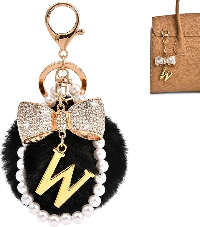 Gold Initial Keychain with Rhinestone Bow & Black Pom Pom, Cute Letter Bag Charm for Women Purse and Car Keys