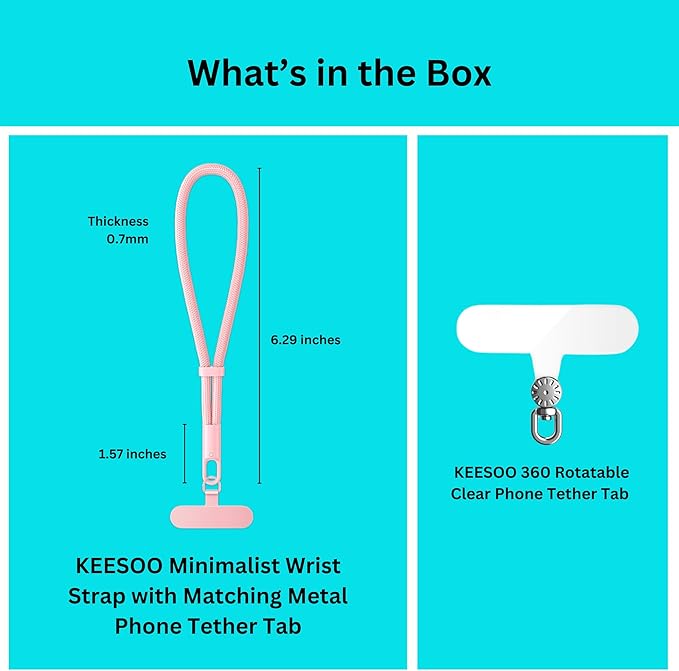 Minimalist Wrist Strap Phone Lanyard with Adjustable Drop-Proof Design, 7mm Reinforced Climbing Rope Material, 2 Phone Tether Tabs (Matching Metal and Rotatable Clear) - Sakura Pink