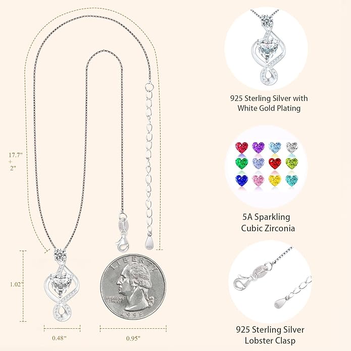 Yuelove Infinity Necklace for Women, 925 Sterling Silver Heart Necklace with 5A Zircon, White Gold Plated Adjustable Chain, Gift for Valentine's Day, Birthday, Anniversary for Wife, Girlfriend, Mom