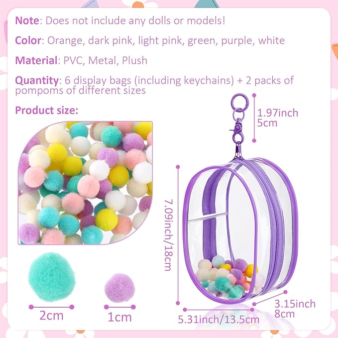 6 Pcs 7 Inch Clear Figure Display Bag with Keychain Large Doll Hanging Blind Box Display Case Clear Keychain Pouch with 2 Pcs Plush Balls for Figures Collectibles, Doll Collector(Mixed Color)