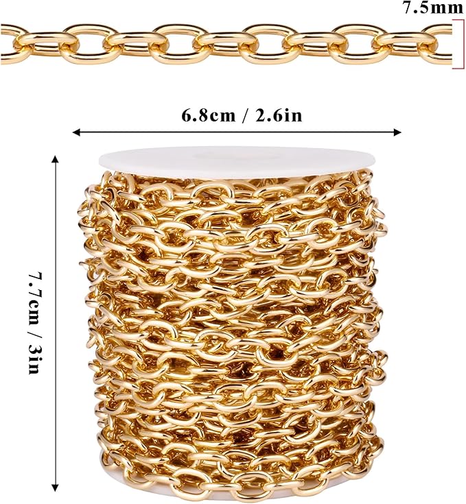 33 Feet Gold Rolo Cable Chains Roll, 7.5 MM Gold Plated Aluminium Oval Cable O Links Chain Bulk Spool for Jewelry Making DIY Craft