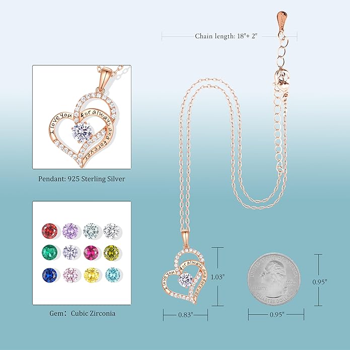 LynChoe Birthday Gifts Double Heart Birthstone Necklace for Women, S925 Sterling Silver Pendant Necklace Jewelry for Her Mother Mom Wife Girlfriend