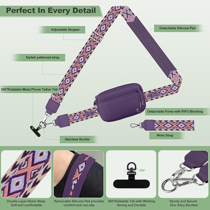 Clip and Go Strap for Phone with Wallet Crossbody, Adjustable Phone Lanyard with Detachable RFID Wristlet Wallet, Pattern Strap, Dark Purple(M)